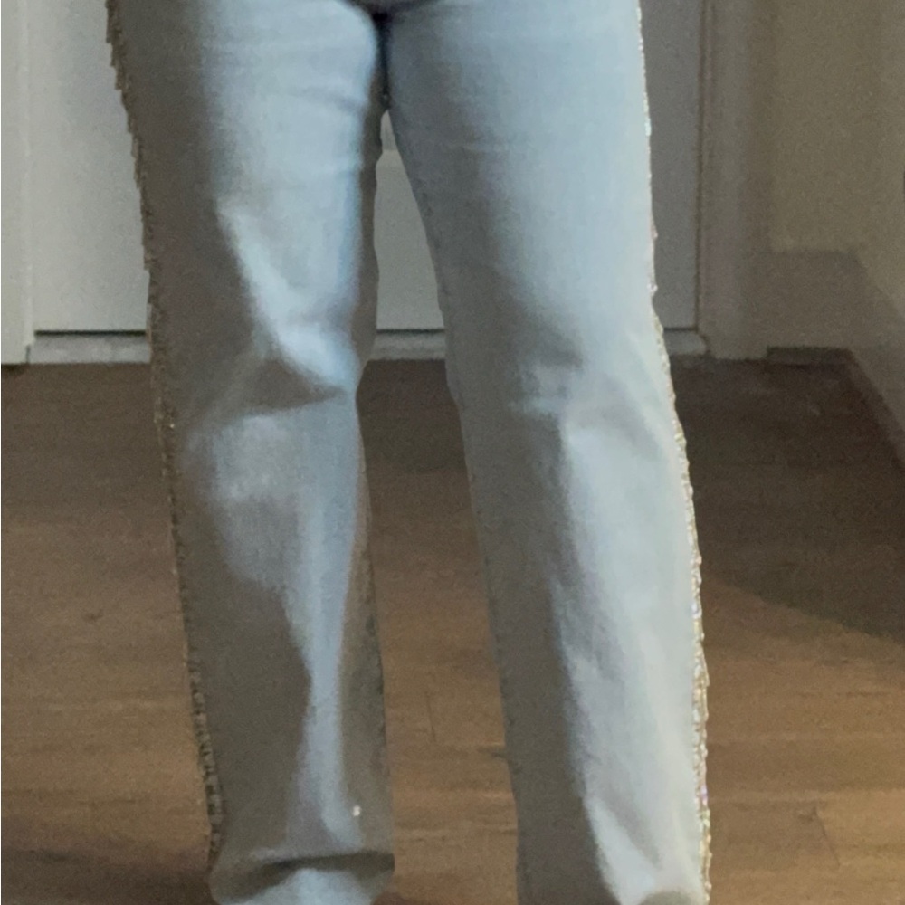 AKIRA Light Blue Straight Leg Jeans with Fringe Diamond Side Accents
